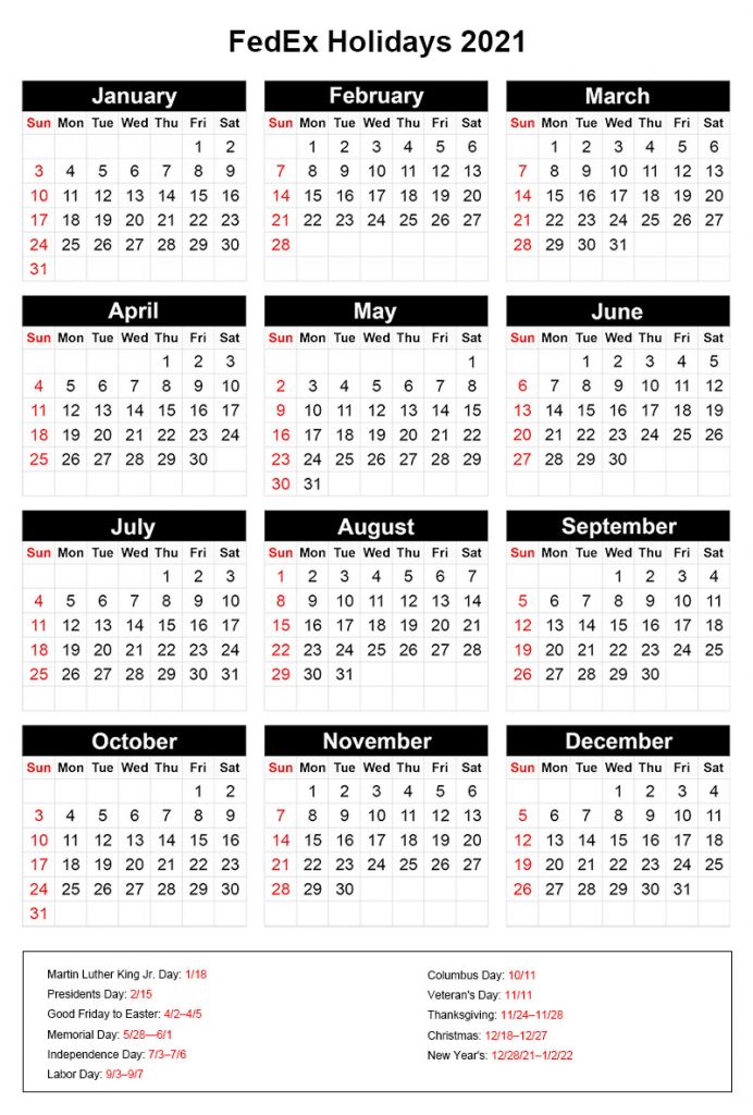 Fedex Calendar 2022 Fedex Holidays 2021 Calendar | Fedex Holiday Schedule 2021