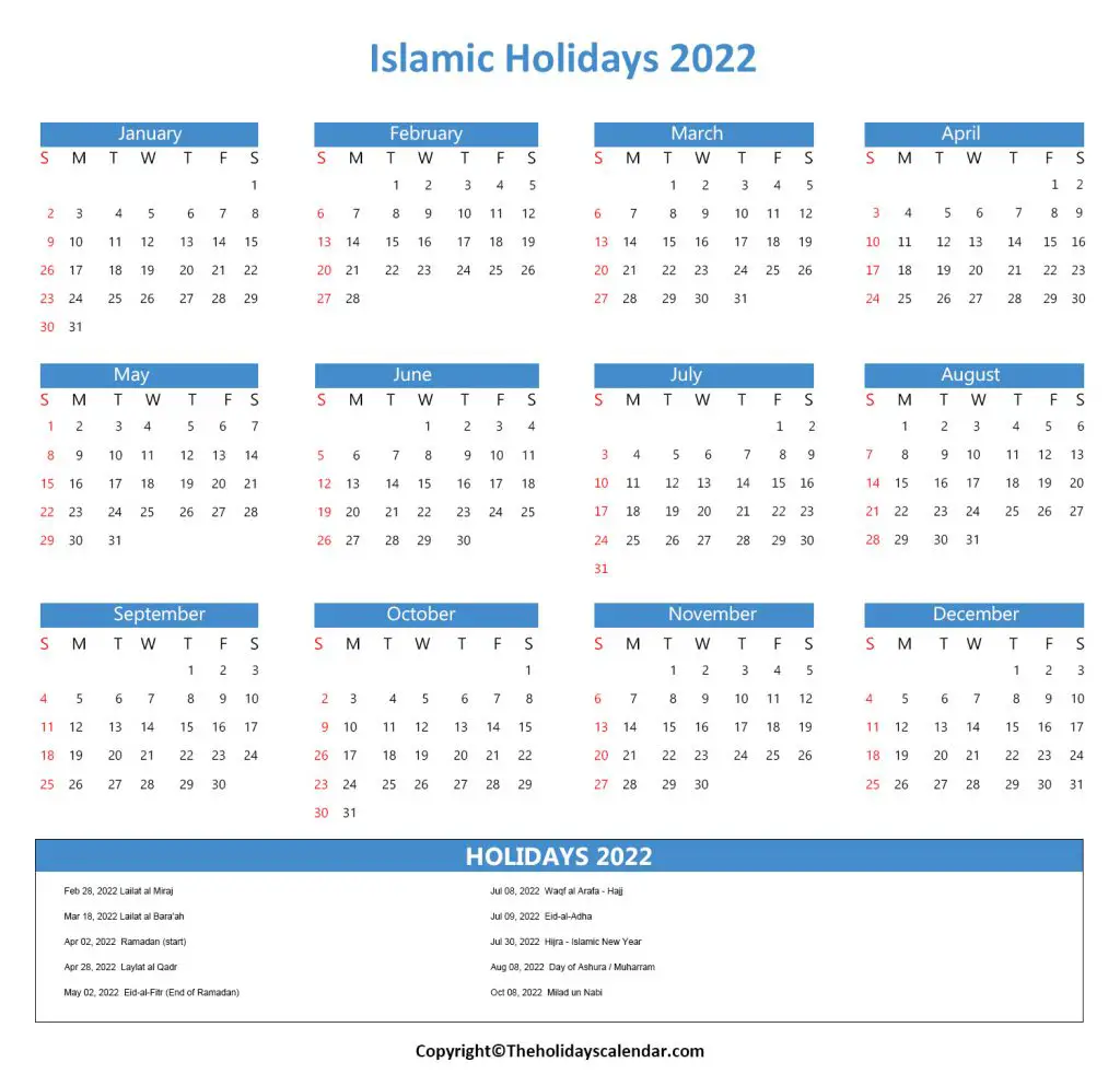 Islamic Holidays 2022 USA