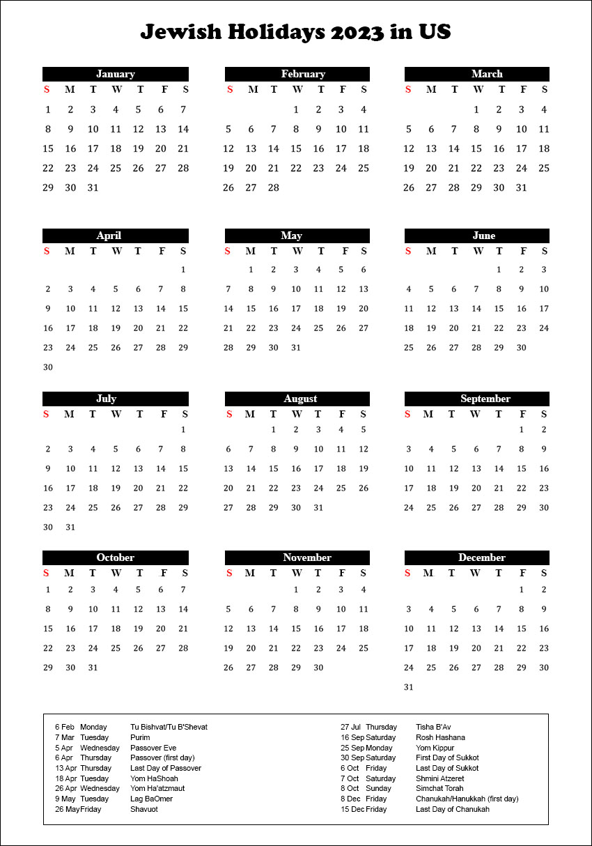 2023 Calendar With Jewish Holidays Printable Jewish Holidays 2023 Usa Jewish Calendar 2023 With Holidays