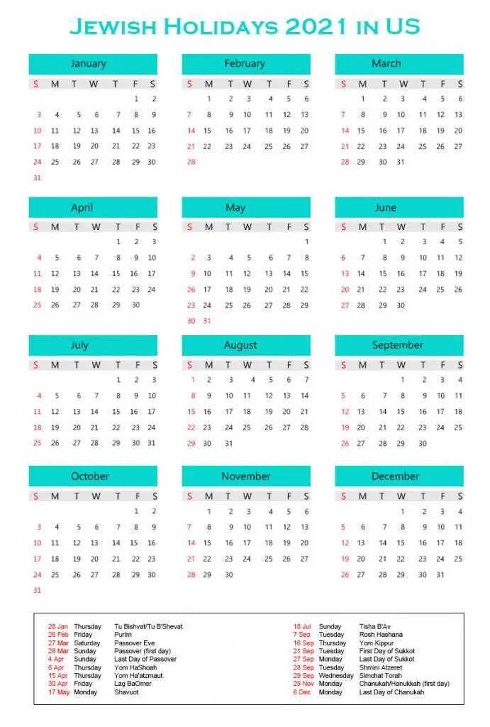 Jewish Calendar 2021 With Holidays