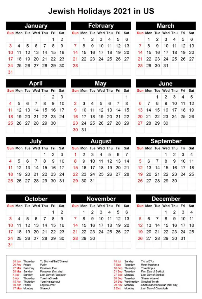 Jewish Holiday Calendar 2021