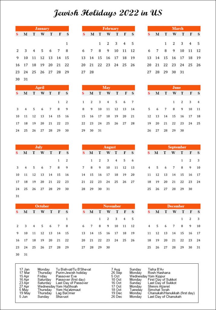 Jewish Holiday Calendar 2022