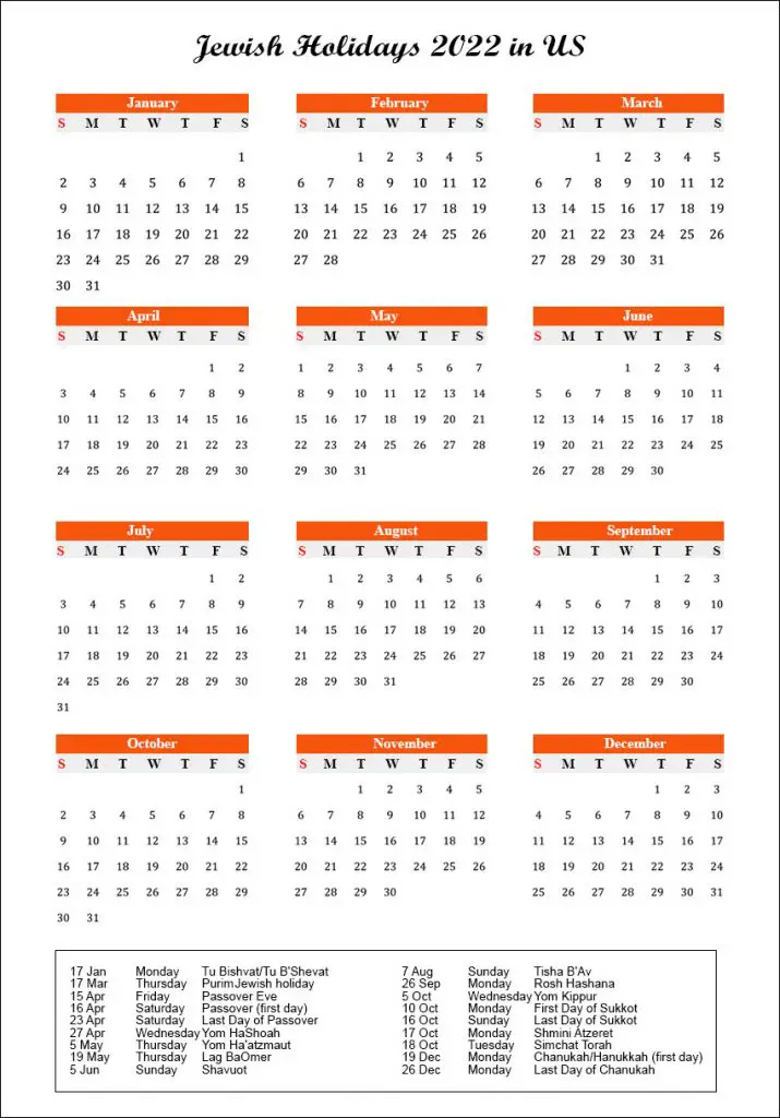 Jewish Holiday Calendar 2022