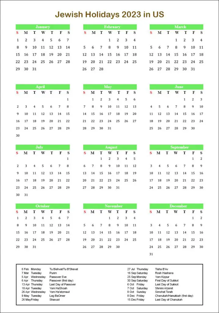 2023 Calendar With Jewish Holidays Printable 