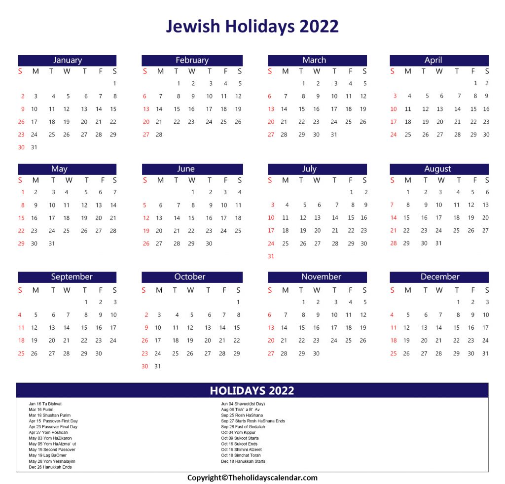Jewish Holiday Calendar 2022