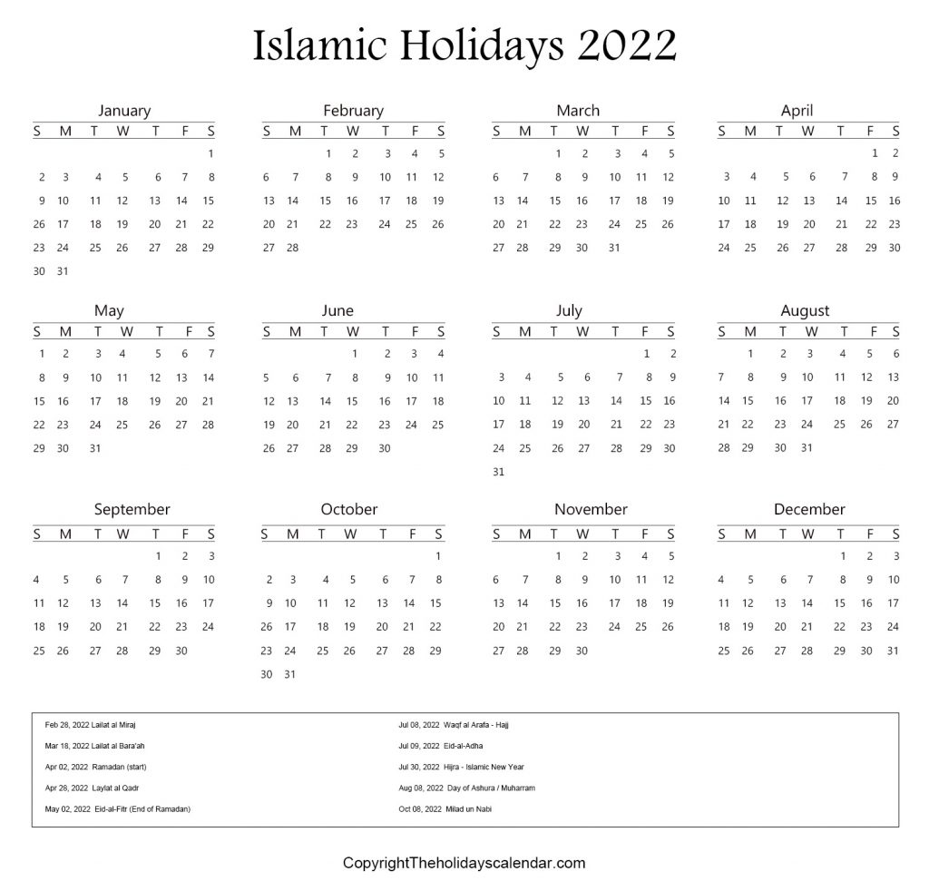 Muslim Holiday 2022 Calendar