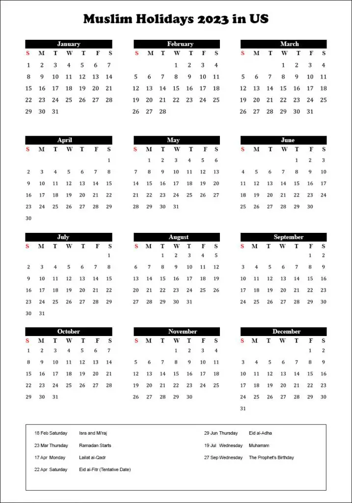 Islamic Holiday 2023 Calendar