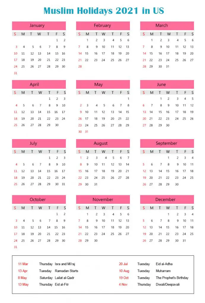 Muslim Holiday 2021 Calendar