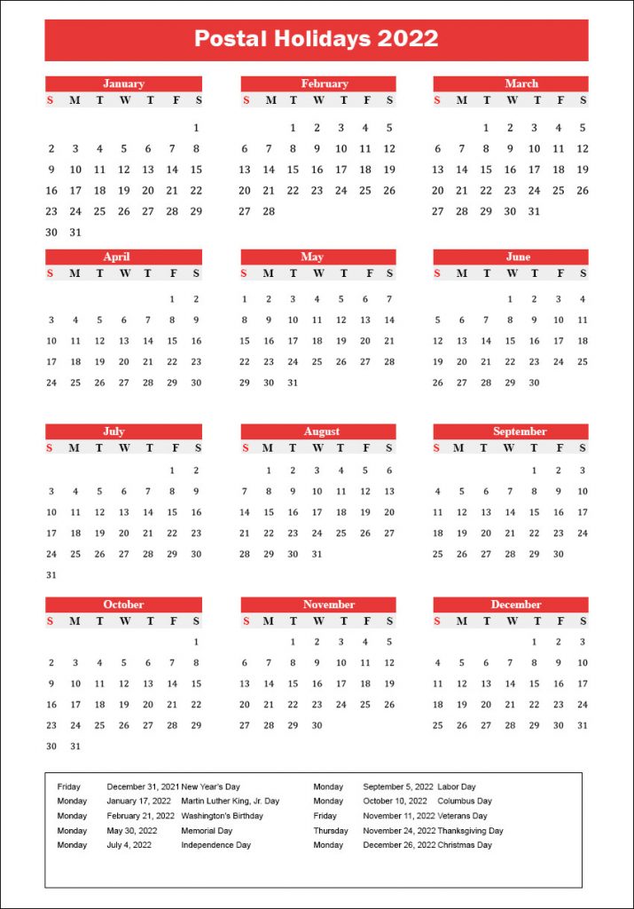 Postal Calendar 2022 Us Postal Holidays 2022 Calendar Archives - The Holidays Calendar