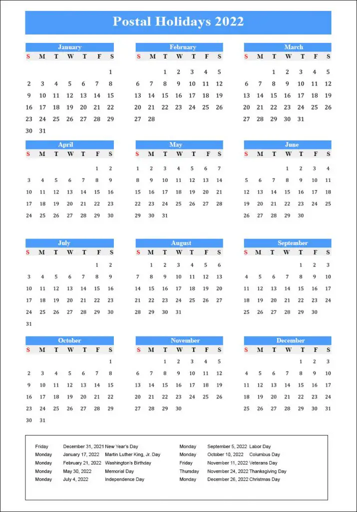 US Postal Holidays 2022 Calendar