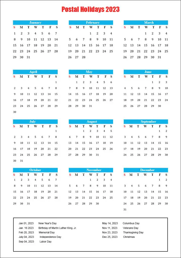 US Postal Holidays 2023 Calendar
