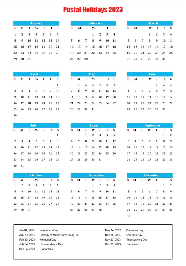 Postal Holiday Calendar 2023 Printable Template PELAJARAN