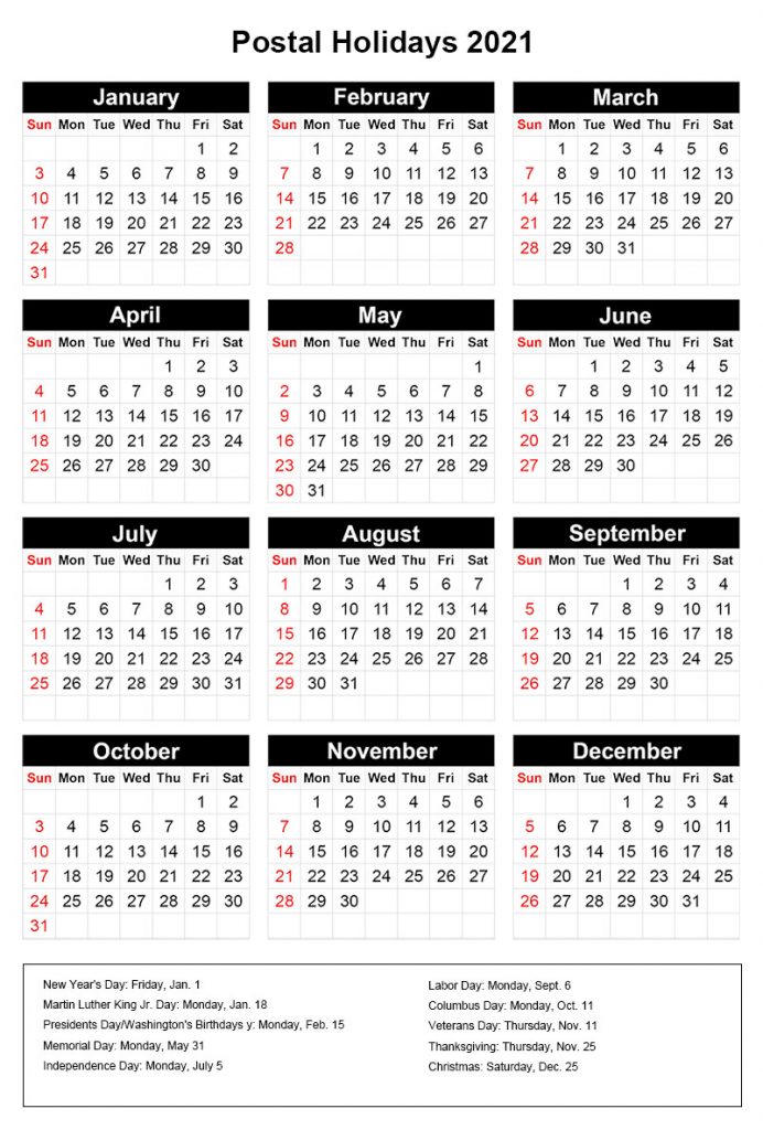 US Postal Holidays 2021 Calendar