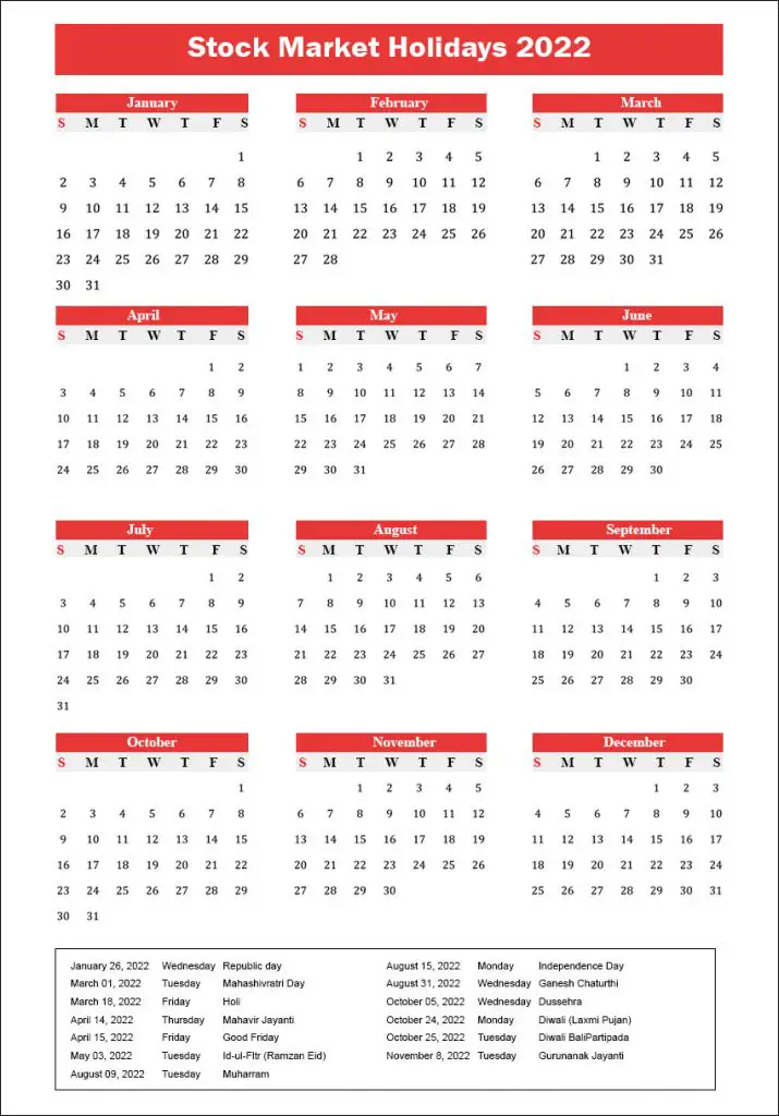 Stock Market Holidays 2022 Calendar