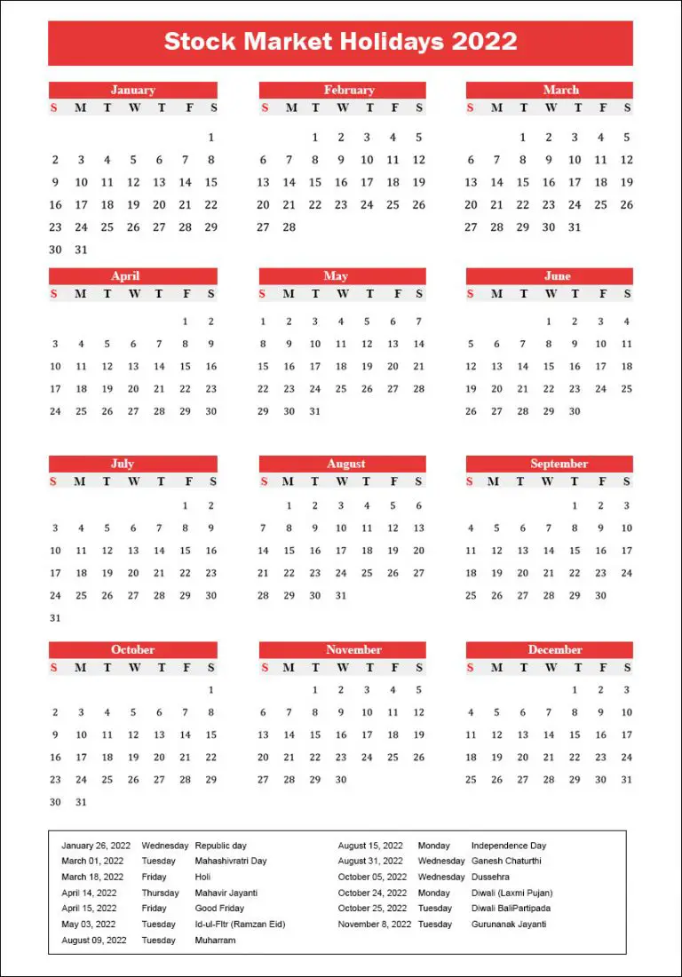 US Stock Market Holidays 2022 Calendar Printable in PDF