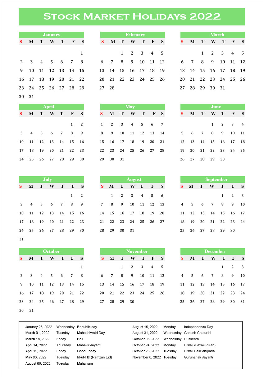 US Stock Market Holidays 2022 Calendar Printable in PDF