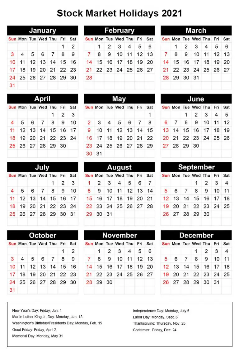 US Stock Market Holidays 2021 Calendar Printable in PDF