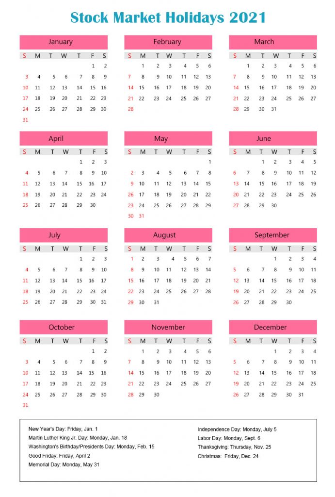 Nyse Calendar Holidays 2022 Us Stock Market Holidays 2021 Calendar Printable In Pdf