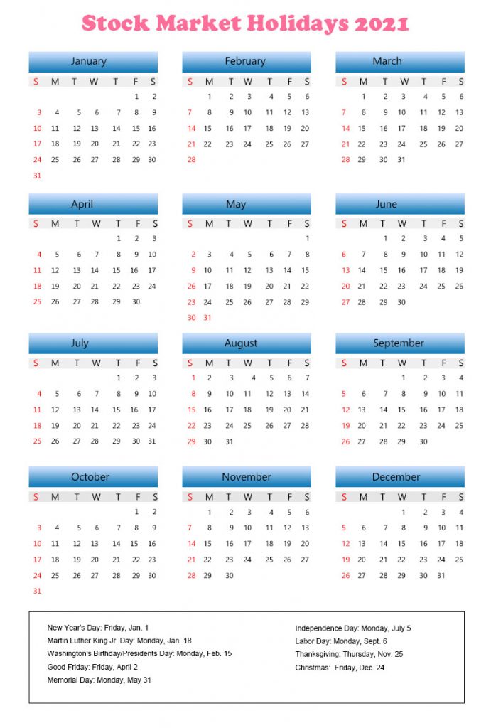 Stock Market Holidays 2021 Calendar