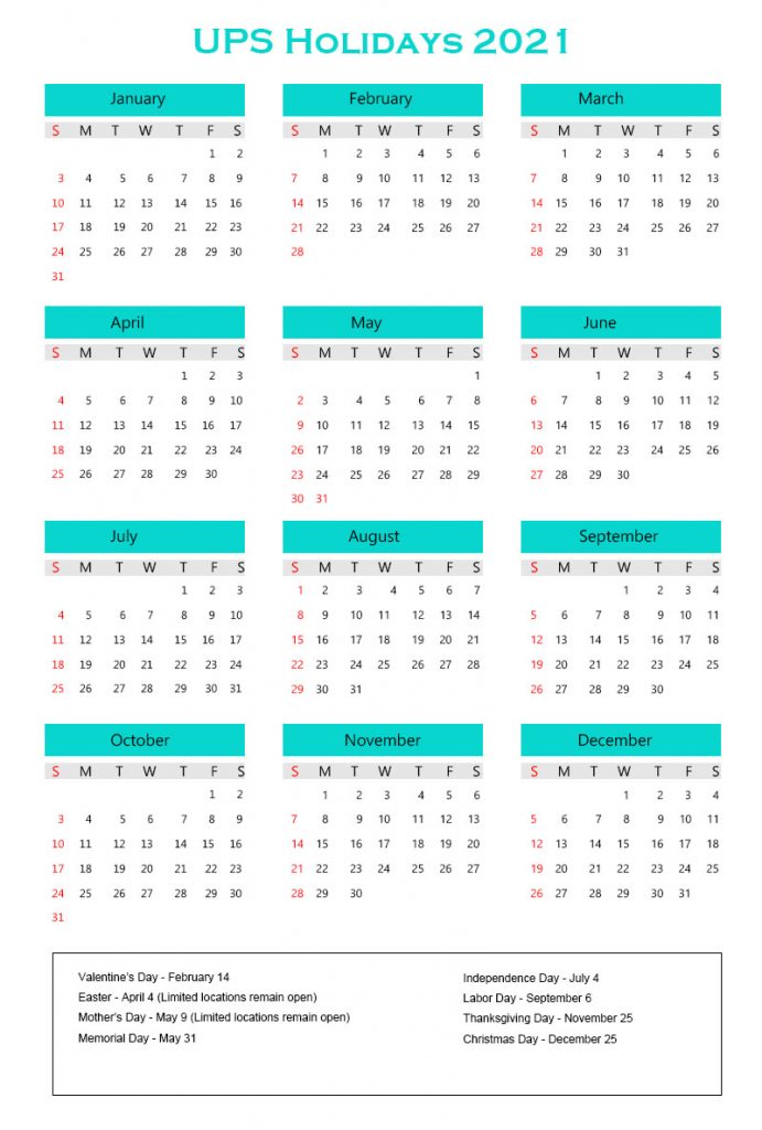 UPS Holidays 2021 Calendar
