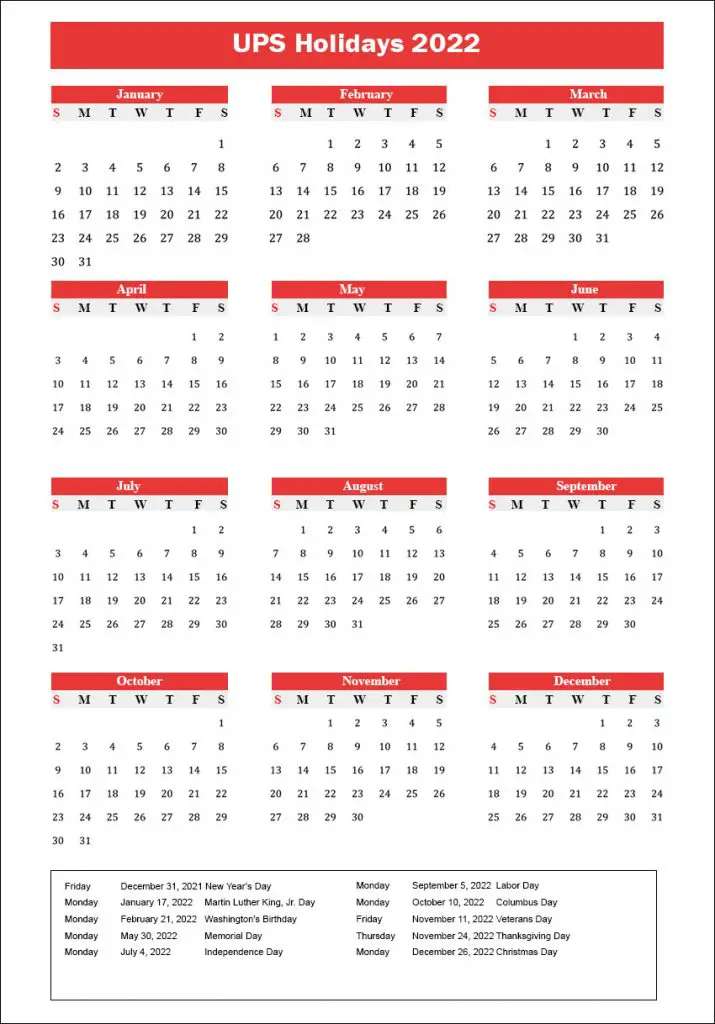 UPS Holidays Schedule 2022