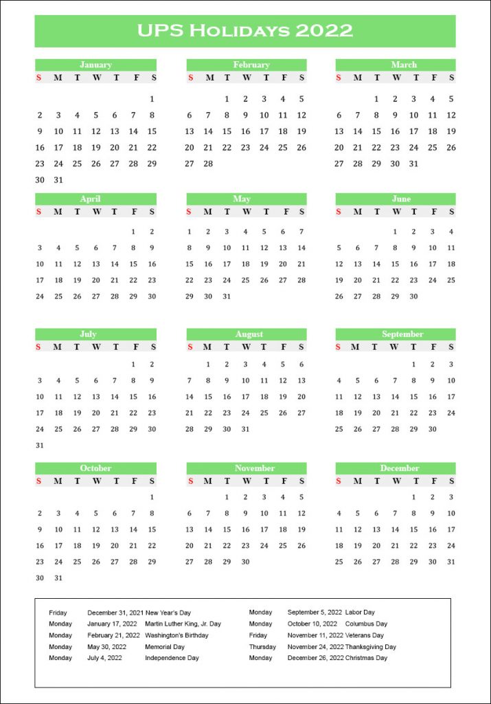 UPS Holidays 2022 Calendar
