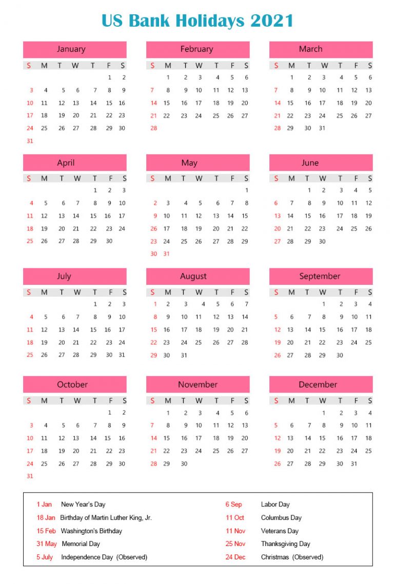 Printable Yearly Calendar with US Bank Holidays 2021