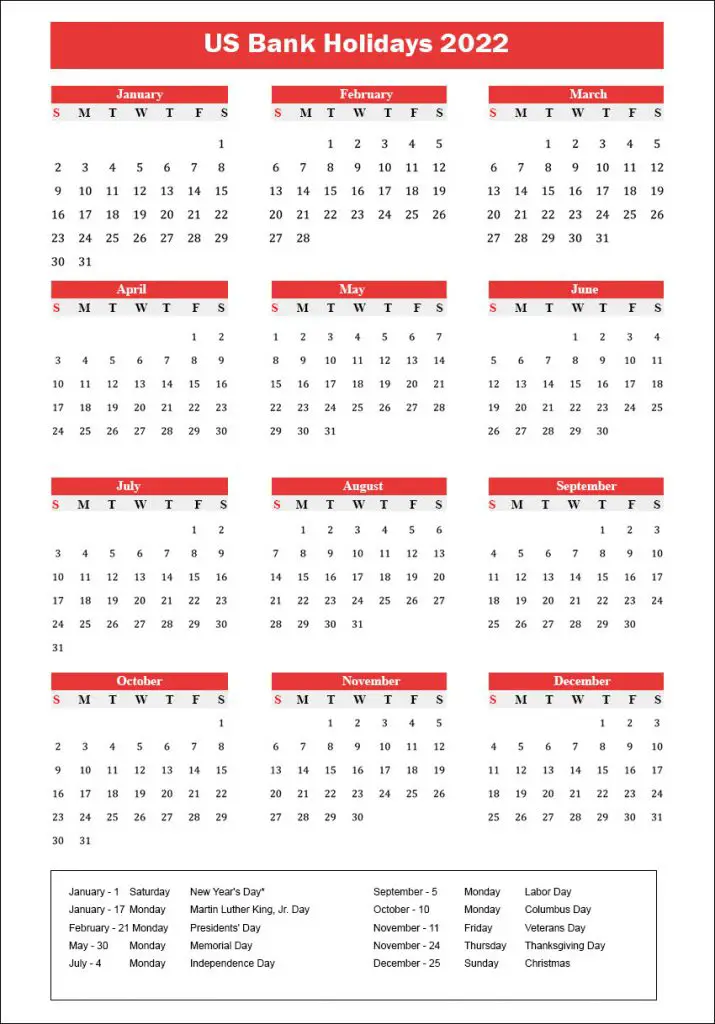 Printable Yearly Calendar with US Bank Holidays 2022