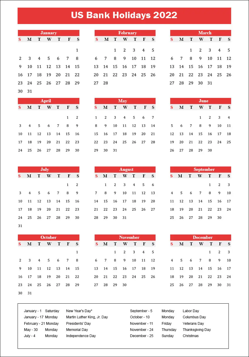 Printable Yearly Calendar With Us Bank Holidays 2022