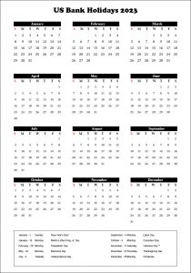 Printable Yearly Calendar with US Bank Holidays 2023