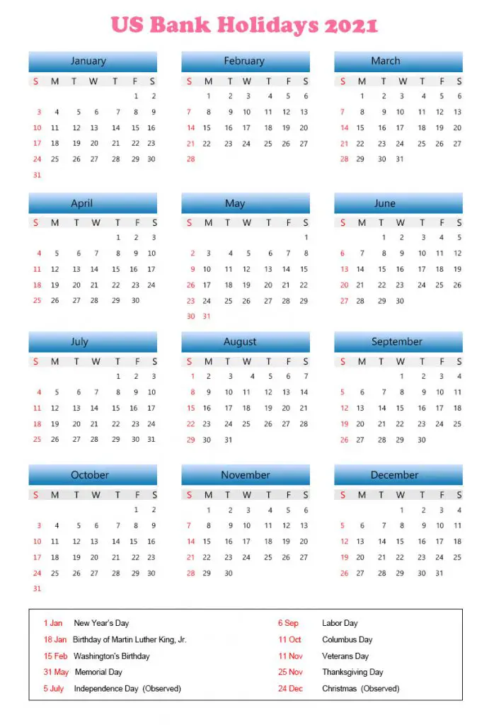 Calendar 2021 with Bank Holidays