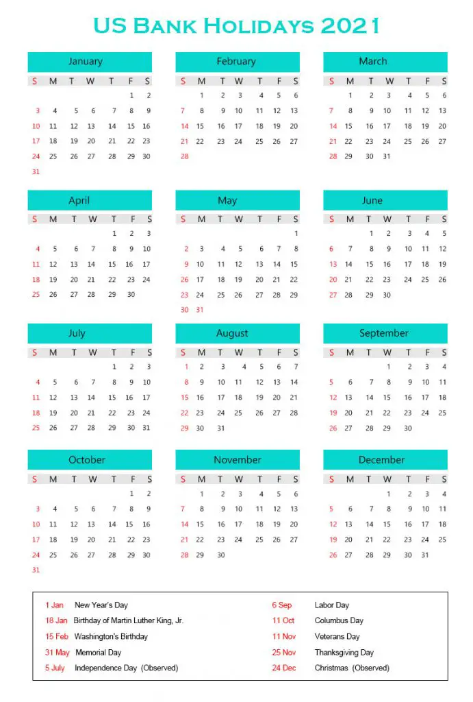 Printable Yearly Calendar with US Bank Holidays 2021