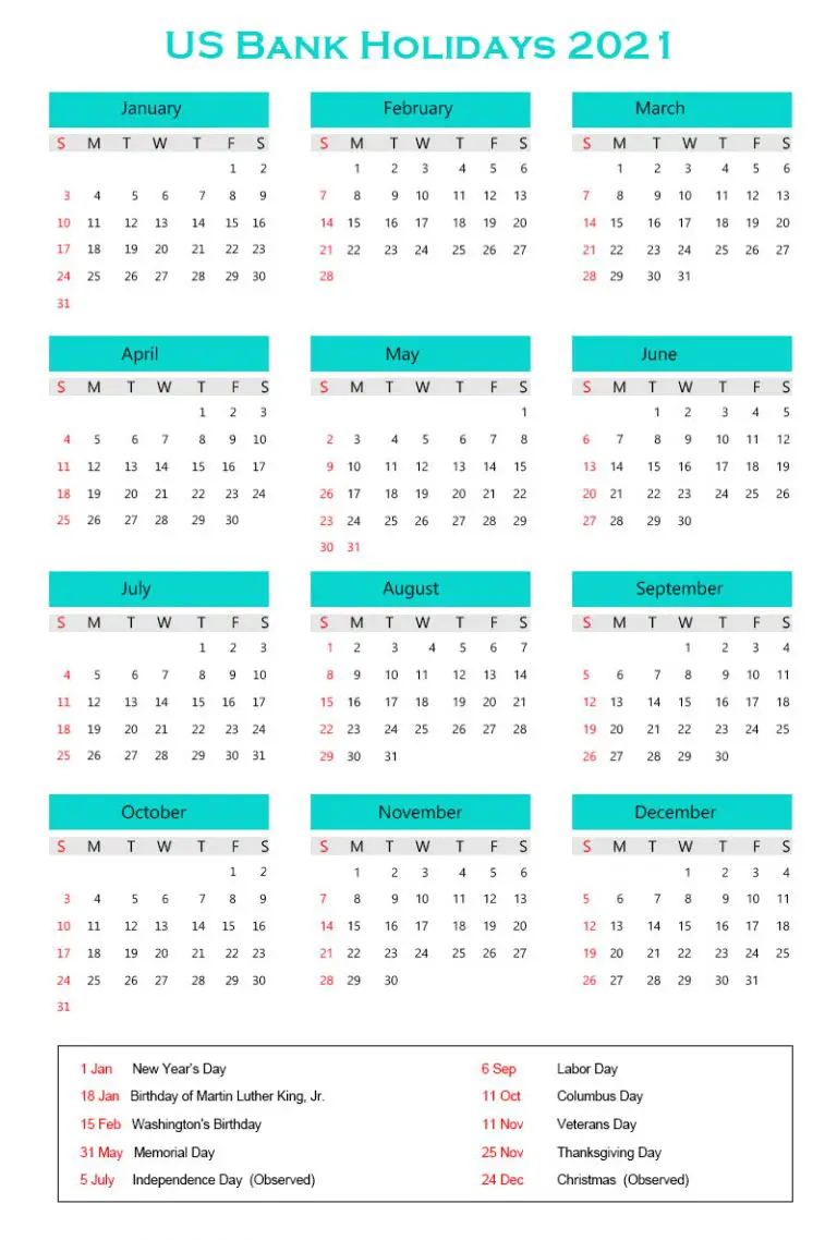 Printable Yearly Calendar with US Bank Holidays 2021