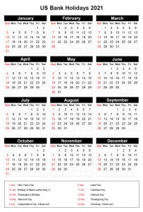 Printable Yearly Calendar with US Bank Holidays 2021