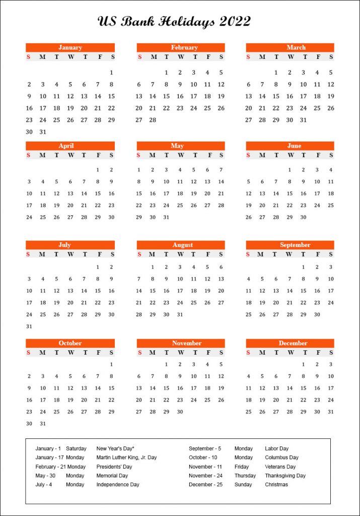 US Bank Holidays 2022 Calendar