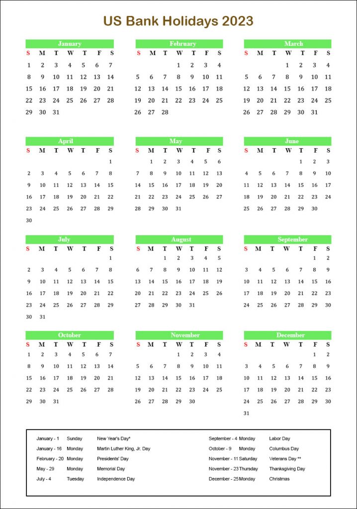 US Bank Holidays 2023 Calendar
