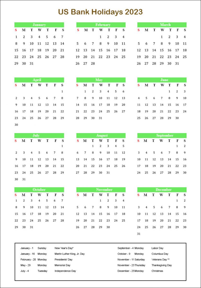 Printable Yearly Calendar with US Bank Holidays 2023