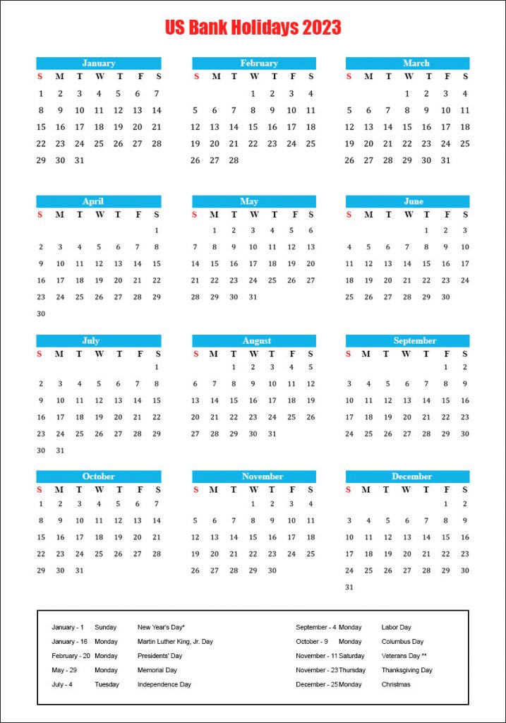 Calendar 2023 with Bank Holidays