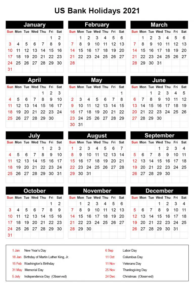 Printable Yearly Calendar with US Bank Holidays 2021