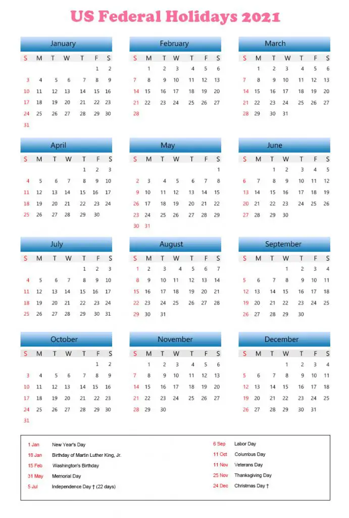 US Calendar 2021 With Federal Holidays