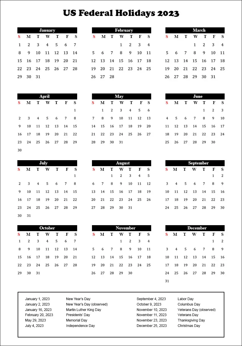 2023 Holiday Calendar Usa
