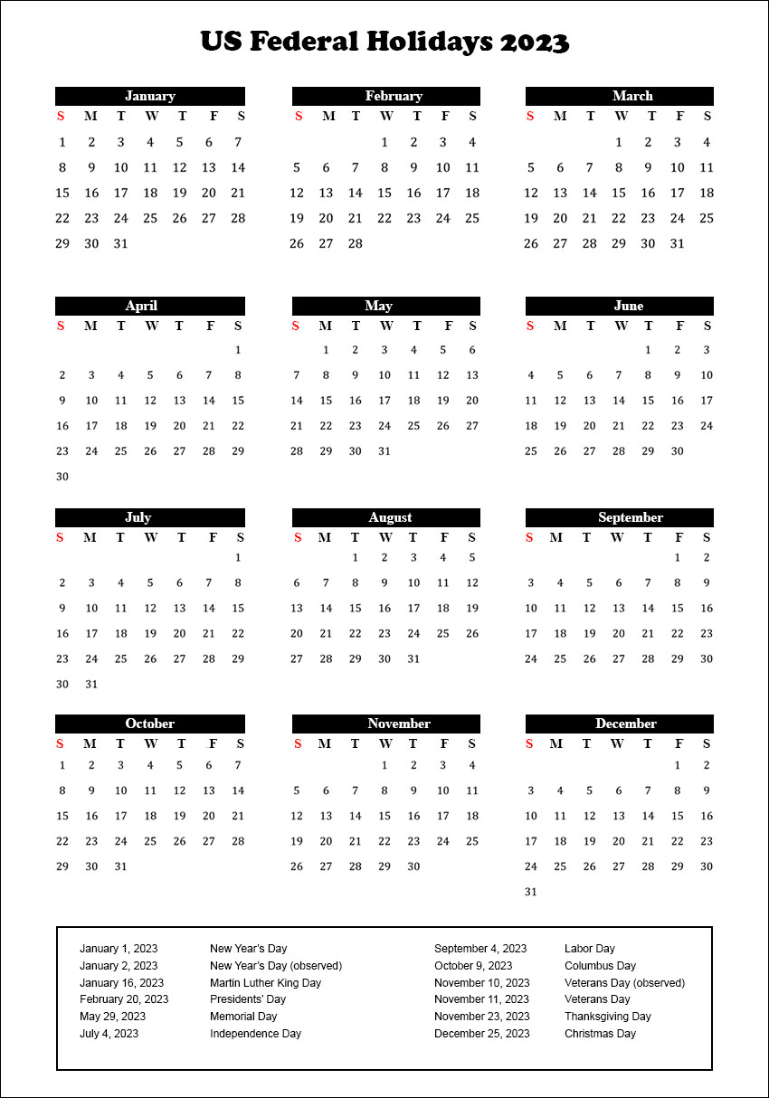 us federal holidays 2023 usa calendar 2023 with federal holidays