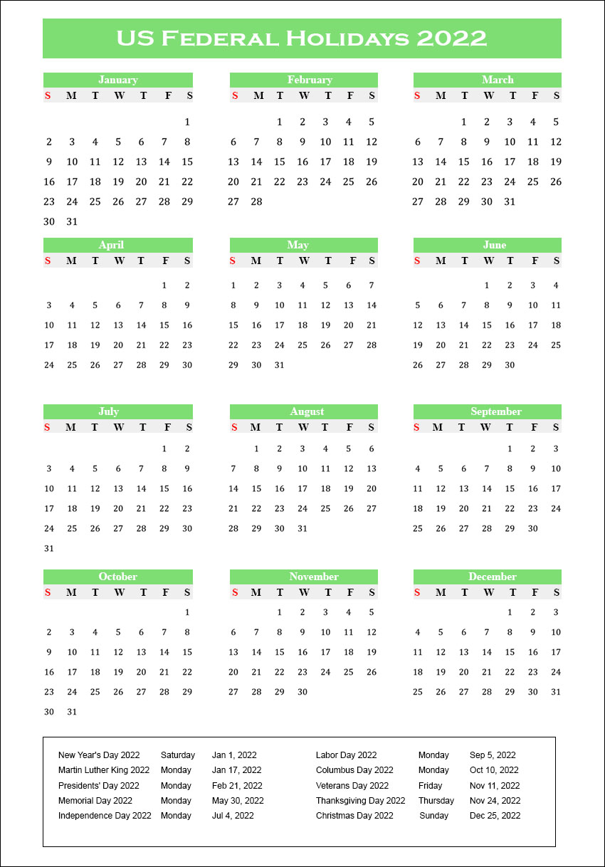 US Federal Holidays 2022 [USA Calendar 2022 with Federal Holidays]