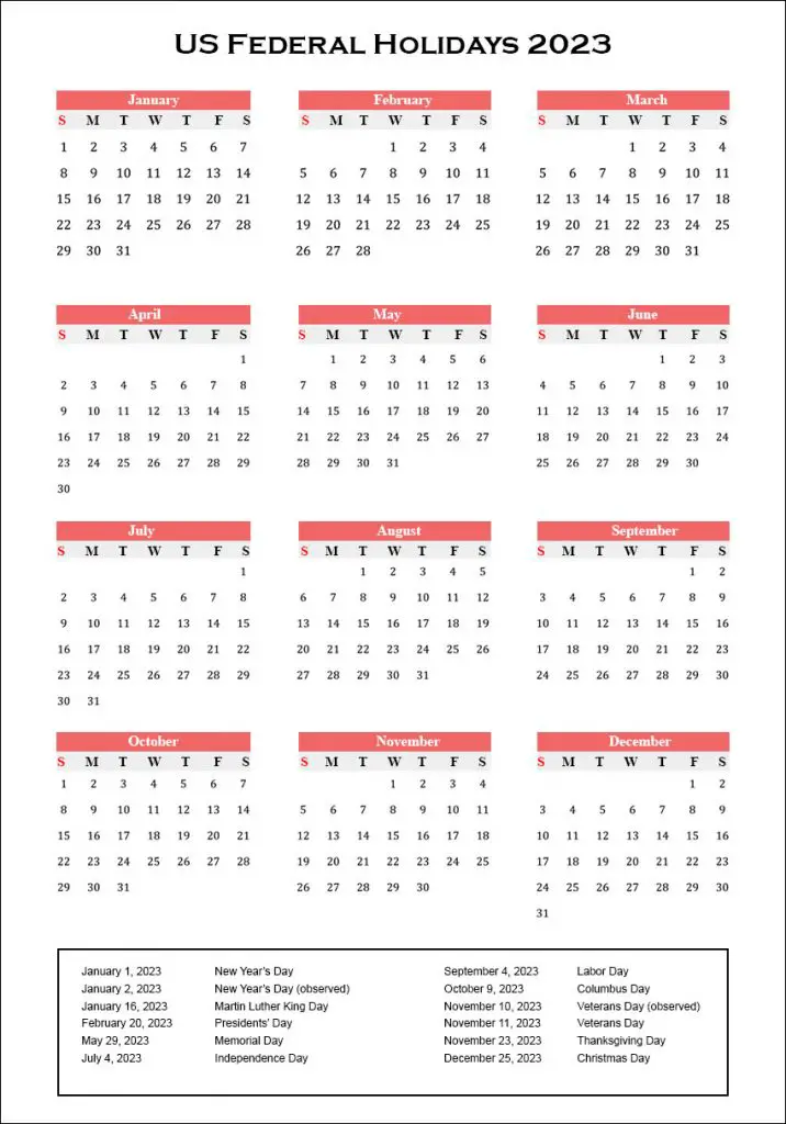 Federal Holiday Calendar 2023 USA