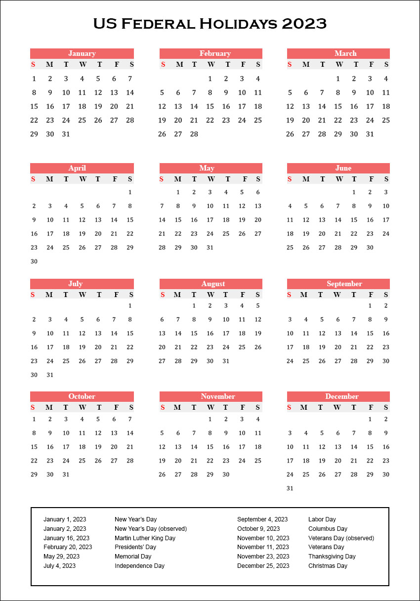 US Calendar 2023 With Federal Holidays Archives - The Holidays Calendar