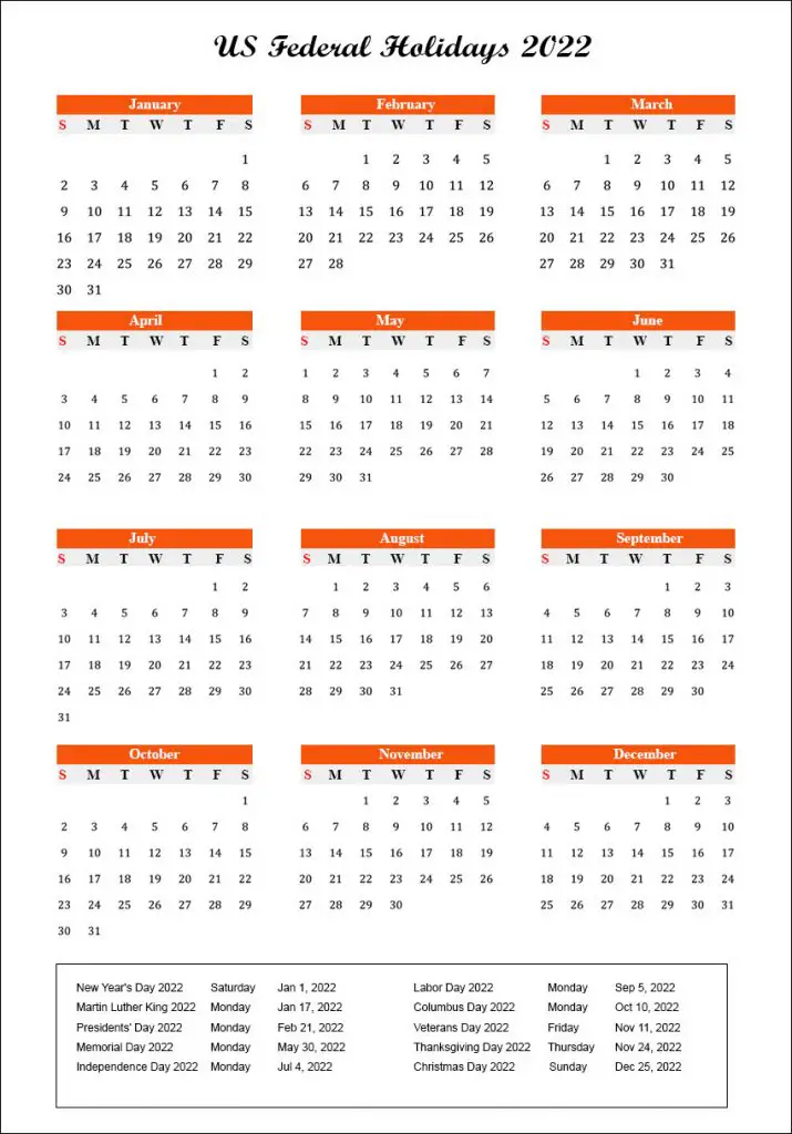 US Calendar 2022 With Federal Holidays