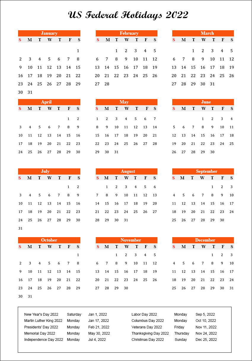 US Federal Holidays 2022 [USA Calendar 2022 with Federal Holidays]