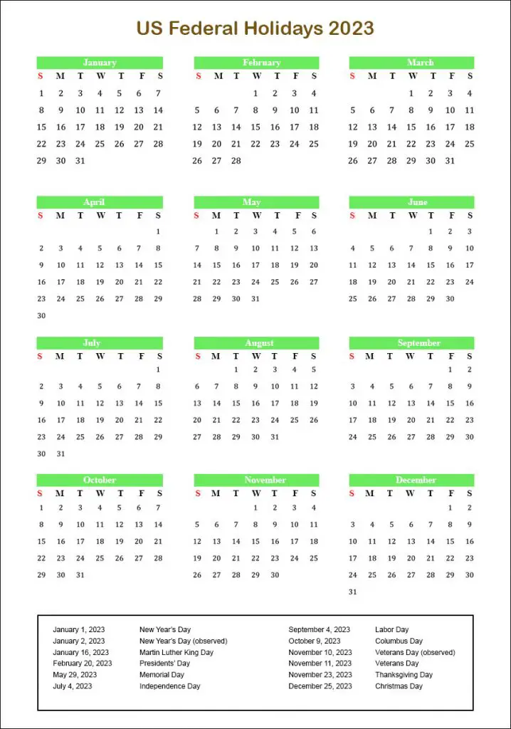US Calendar 2023 With Federal Holidays
