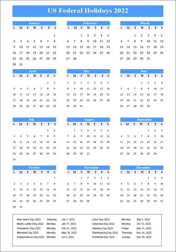 Federal Holidays Calendar 2022 