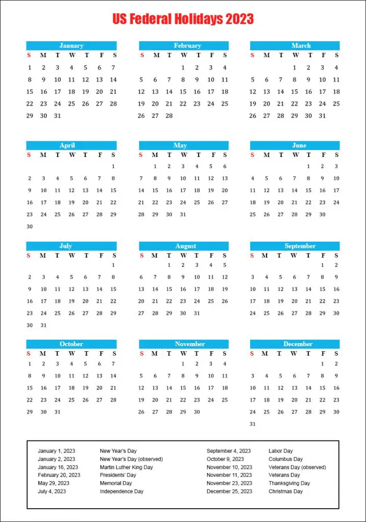 Us Federal Holidays 2023 Usa Calendar 2023 With Federal Holidays